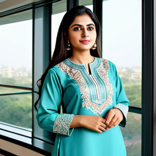 Home 23 **
"A professional Pakistani businesswoman, fully clothed in a modest shalwar kameez with intricate embroidery, standing in a modern office building in Karachi, safe for work, appropriate content, professional attire, perfect anatomy, natural proportions, professional photography, high quality."
**