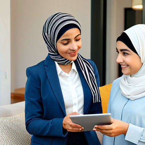 Home 9 **
"A friendly insurance agent, wearing a modest business outfit and hijab, consulting with a family in their modern, comfortable home. The agent is explaining policy options with a tablet in hand. Warm lighting, inviting atmosphere. Fully clothed, appropriate attire, safe for work, family-friendly, professional, perfect anatomy, natural pose, well-formed hands, proper finger count, natural body proportions, high quality."
**